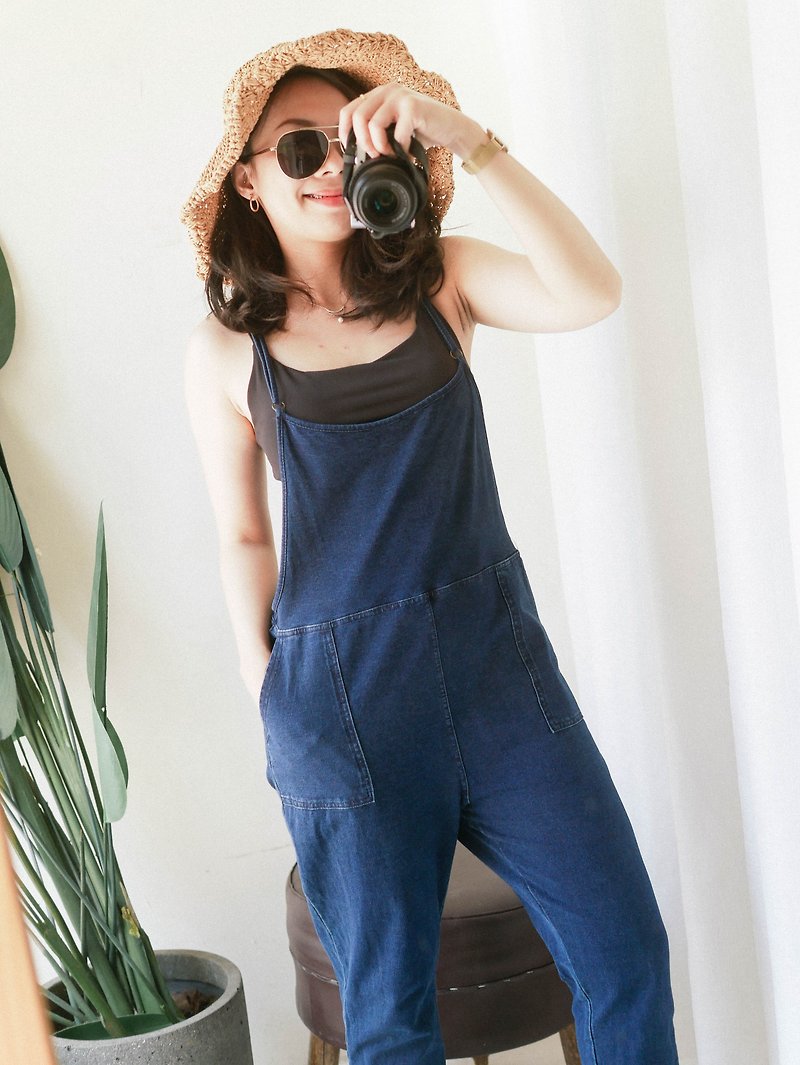 Deep sea blue thin shoulder youth love weekend party antique thin cotton jumpsuit overalls overalls - Overalls & Jumpsuits - Cotton & Hemp Blue