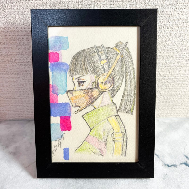 おしゃれな手描きの水彩画 ネオ東京サーバーパンク 女性イラスト フレーム付き - ポスター・絵 - 紙 パープル
