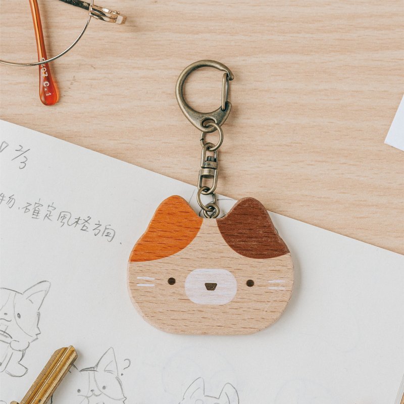 [Pocket Small WOOD Mirror-Big Headed Cat] Portable Mirror/Keychain/Style Pendant - Keychains - Wood Multicolor