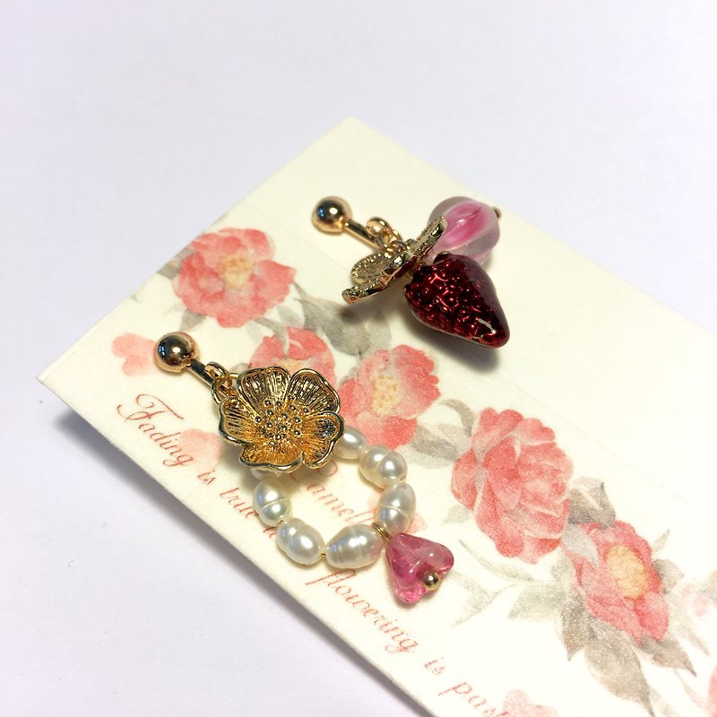 【Ruosang】【Qin】Secret Garden III Strawberry. small butterfly. Antique crystal earrings/ Clip-On - ต่างหู - เครื่องเพชรพลอย สีแดง
