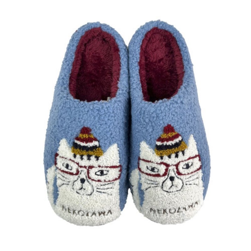 Kusuguru Japan 拖鞋 相良刺繡絨毛保暖止滑鞋底室內拖鞋-藍色 - 室內拖鞋 - 聚酯纖維 藍色