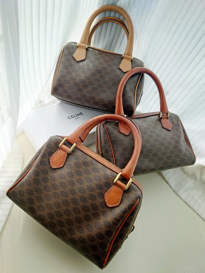 中古包 CELINE 棕啡老花 迷你波士頓包 單肩包斜揹包斜挎包手拿包 - 側背包/斜背包 - 防水材質 咖啡色