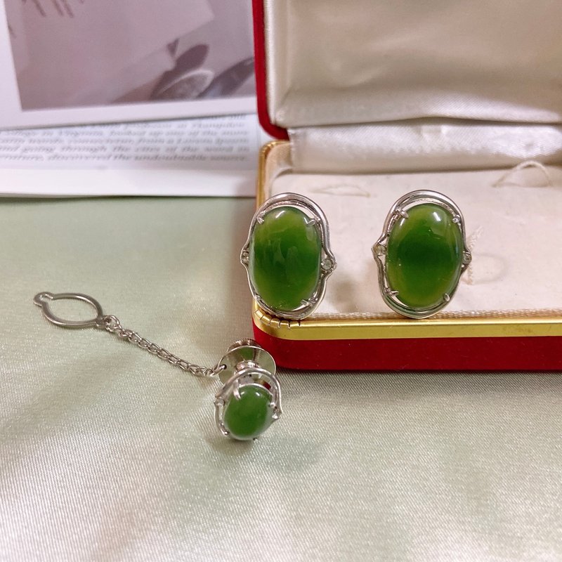 【西洋古董飾品】天然玉石原石 雕花鑲嵌鑽 袖扣 針式領帶夾組 - 袖扣 - 貴金屬 綠色