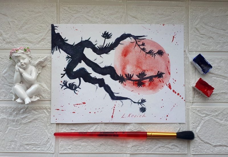 Japanese Style Watercolor Painting, Art, Artwork, Asian Blossoms and Beauty - 壁貼/牆壁裝飾 - 紙 多色