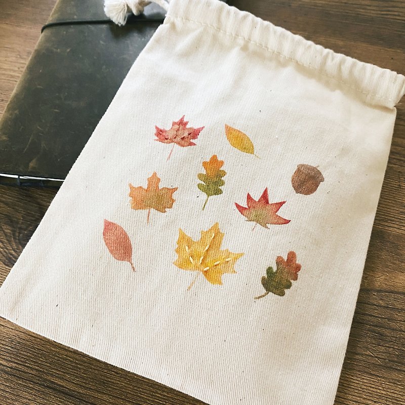 Autumn look/embroidered drawstring pocket - กระเป๋าหูรูด - ผ้าฝ้าย/ผ้าลินิน 