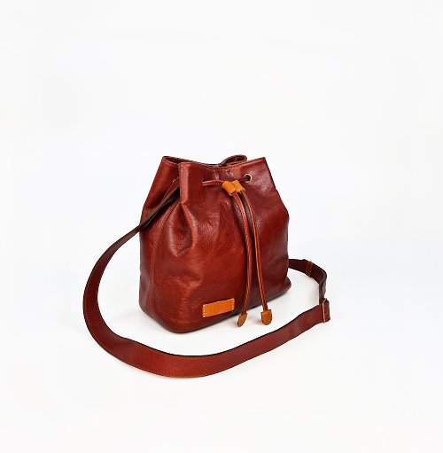 LU11NA Leather Red Bucket, Shoulder bag, Crossbody Drawstring, Handmade Gift