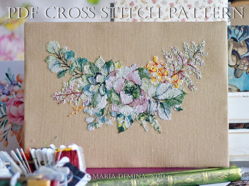 Watercolor Green Bouquet II - PDF cross stitch pattern - 手工藝教學/工具書 - 其他材質 