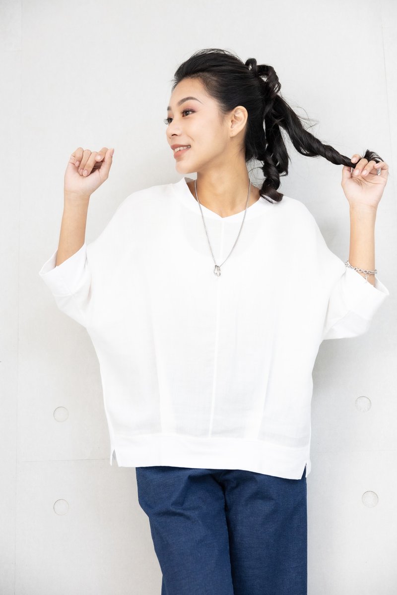 V領異材質拼接短袖上衣 白色 - 女 T 恤 - 其他材質 白色