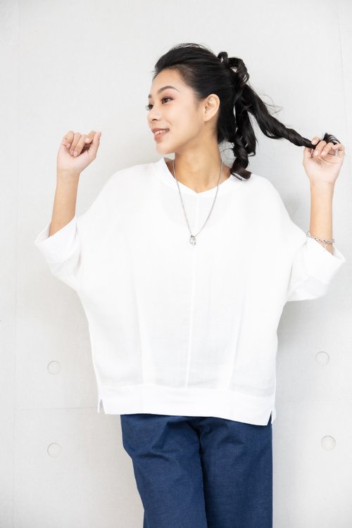 Meya 編縫編織 V領異材質拼接短袖上衣 白色