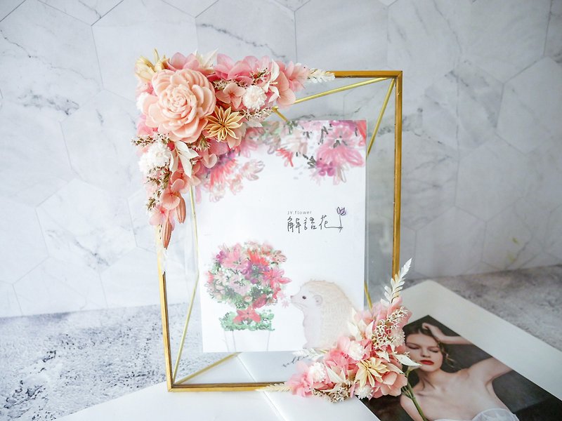 太陽玫瑰相框【珍藏】新婚禮物/簽名桌擺飾/婚禮布置/畢業禮物 - 乾花/永生花 - 植物．花 粉紅色