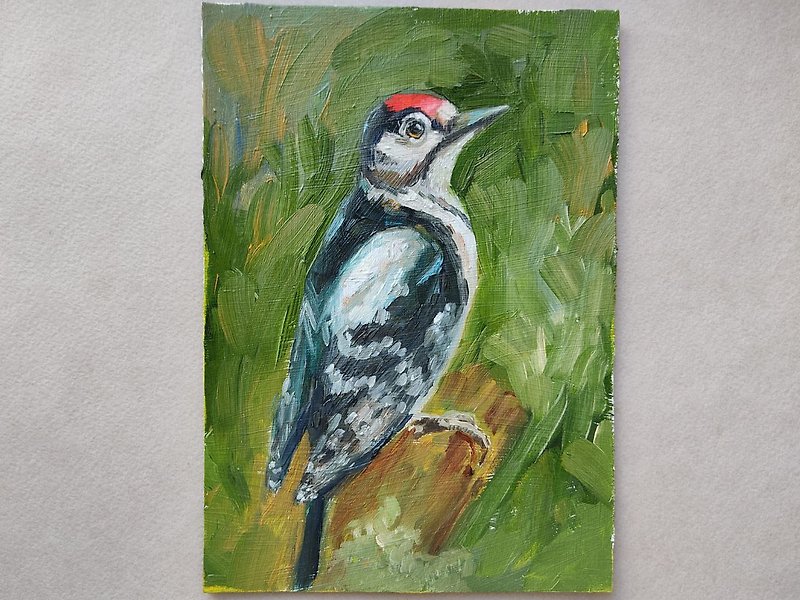 Bird painting woodpecker painting original oil art - 掛牆畫/海報 - 其他材質 綠色