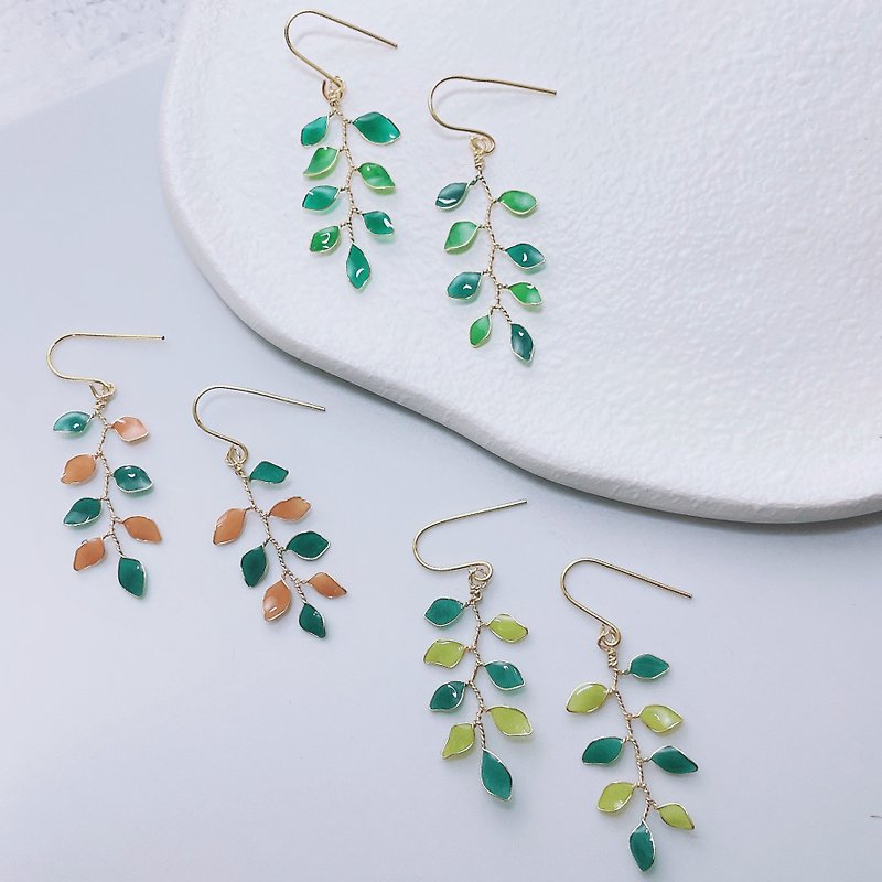 Tender buds and small leaves series handmade Bronze dangling resin earrings uv handmade earrings painless Clip-On to wear - Earrings & Clip-ons - Other Materials Green