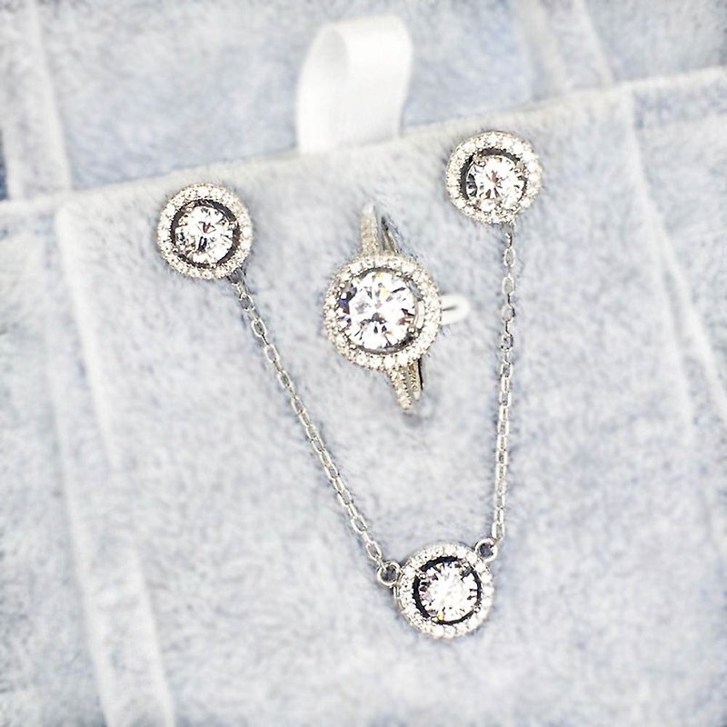 |Silver Jewelry | Zircon Diamond Cut Round Rhinestone Earrings Clavicle Chain Ring (Adjustable Ring) - สร้อยคอทรง Collar - เครื่องเพชรพลอย ขาว