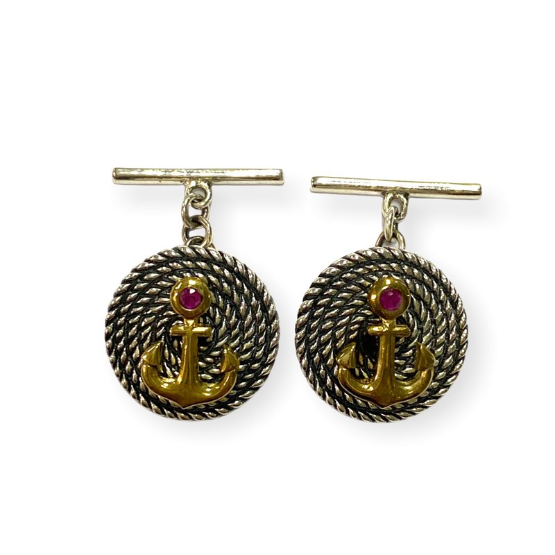 Nautical Anchor And Rope with Ruby Stone Cufflinks 925 Sterling Silver - 袖扣 - 純銀 銀色