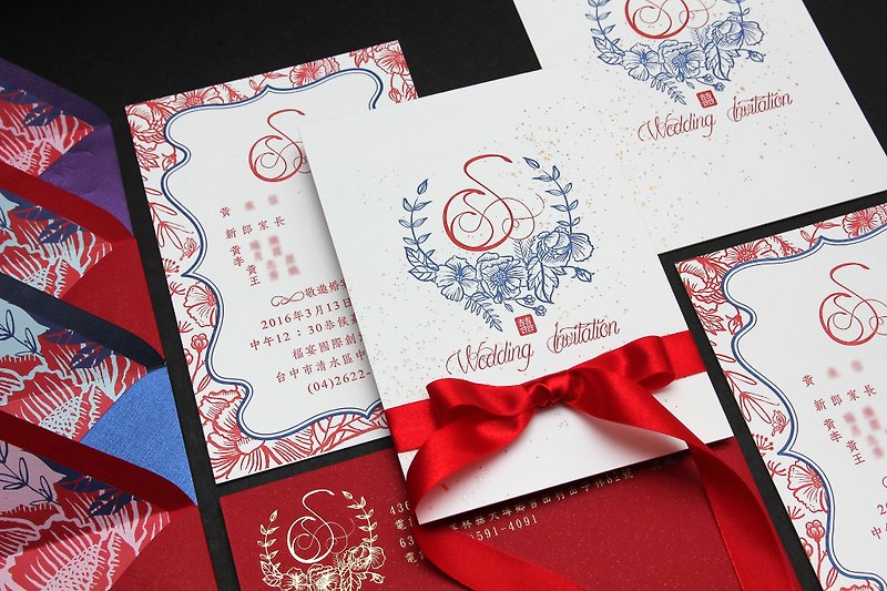 【設計師款婚卡】紅花瓷凸版印刷明信片式喜帖/婚卡(高磅數紙材) - 喜帖 - 紙 紅色
