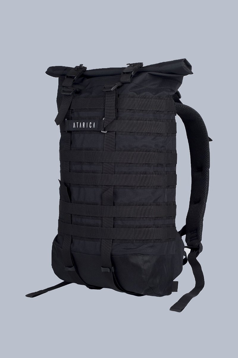 Black roll top backpack Tactical bag Rolltop black bag with magnetic buckles - 後背包/書包 - 其他材質 黑色
