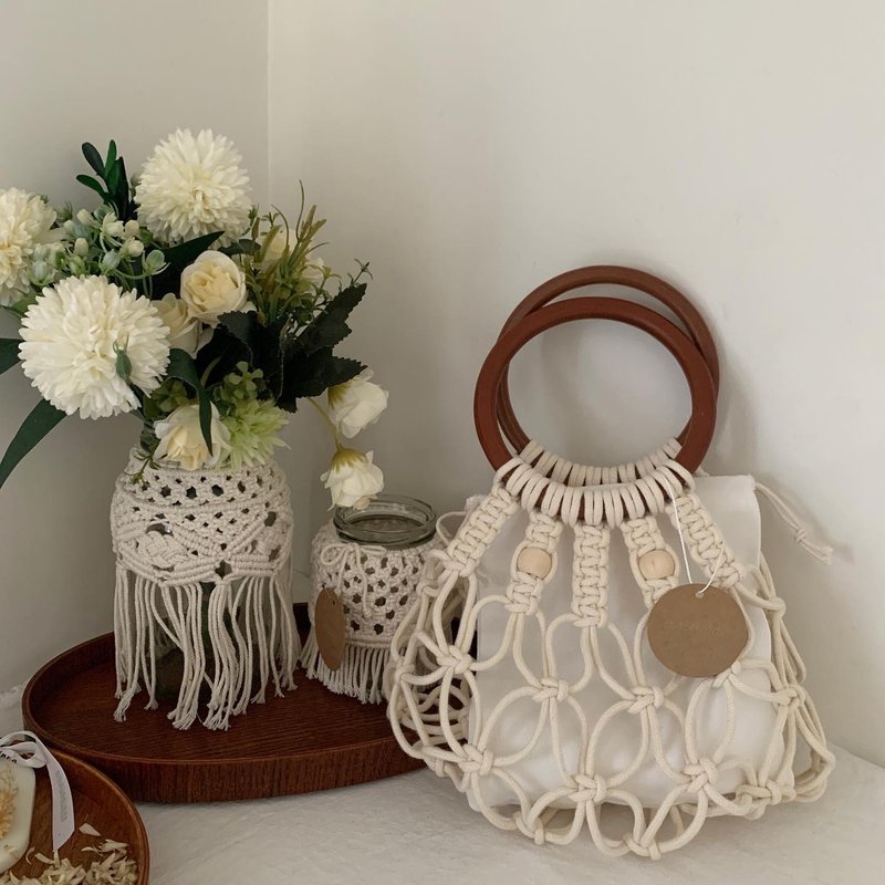 Macrame 手工 編織 圓柄 木環 珠珠 手提包 l 附內裡袋 - 手提包/手提袋 - 棉．麻 白色