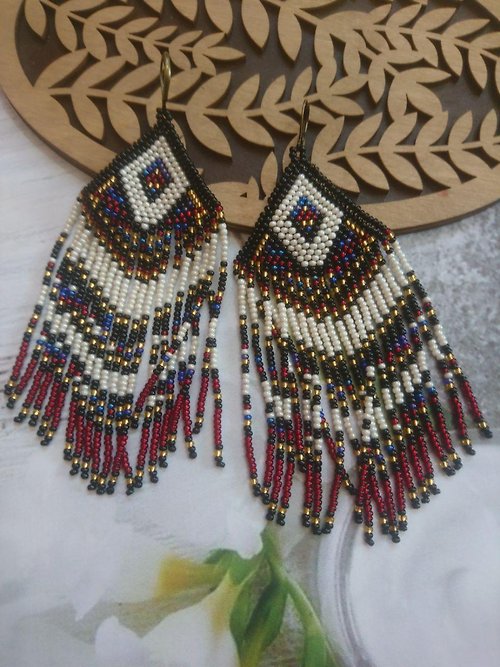 White Bird gallery of exquisite jewelry from Halyna Nalyvaiko Geometric Beaded Earrings Aztec earrings Tribal Earrings Native American Earring