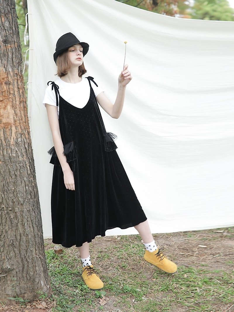 Black gold velvet thin shoulder dress - imakokoni - One Piece Dresses - Other Materials Black