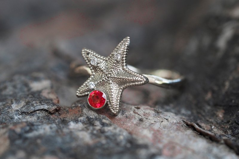 Starfish ring with orange sapphire and diamonds - 戒指 - 貴金屬 金色