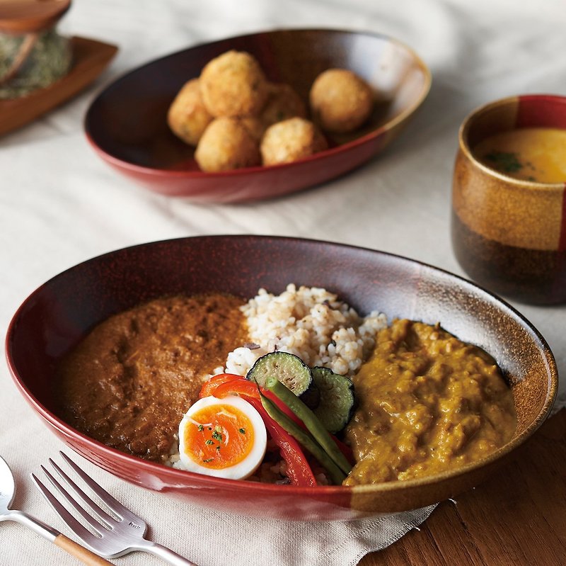 Mino ware tone on tone curry bowl red | Brown| mustard - จานและถาด - ดินเผา สีแดง