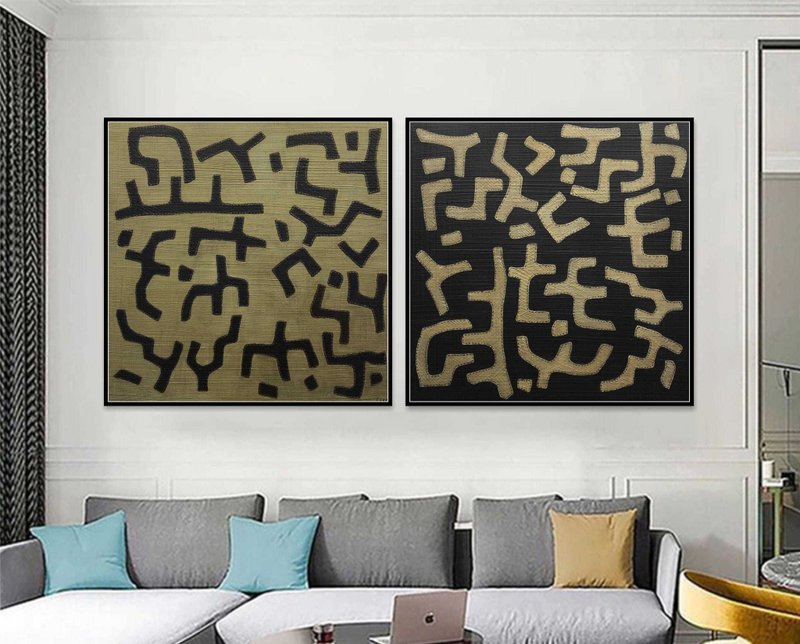 Large Abstract Lines Set of 2 Paintings On Canvas Black And Gold Minimalism Art - 壁貼/牆壁裝飾 - 壓克力 黑色