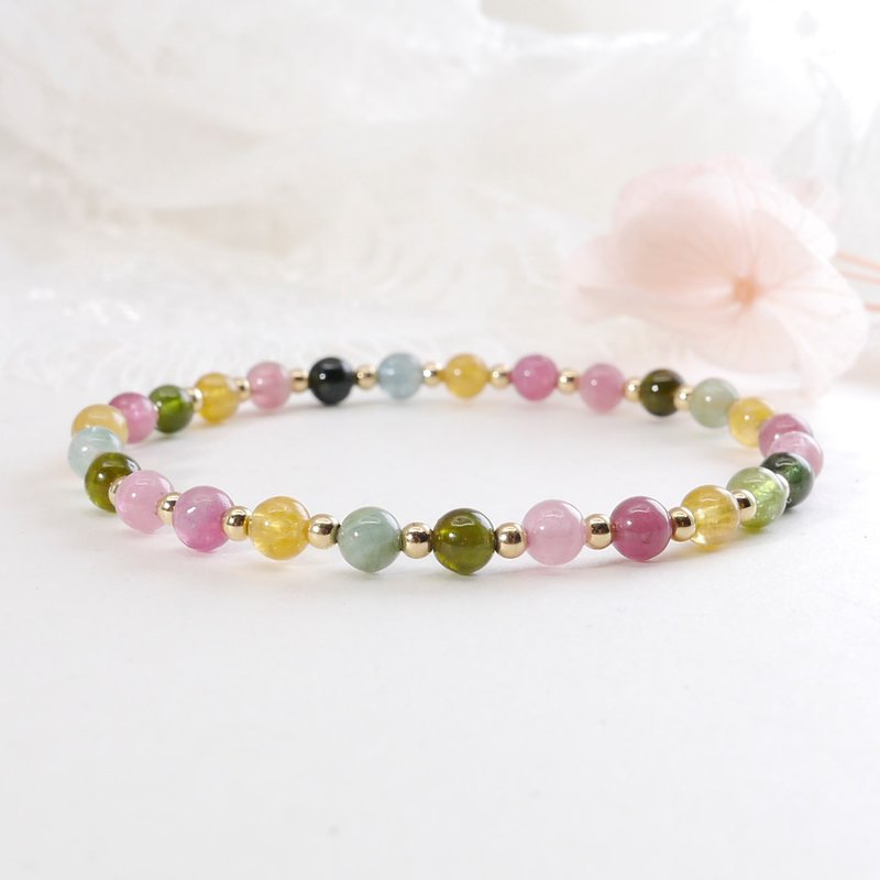 Colored tourmaline 14KGF natural stone bracelet attracts wealth, brings fortune, and ensures safety - สร้อยข้อมือ - คริสตัล 