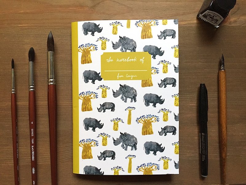 Rhino and Bread Tree African Animal Notebook A5 Grid Notebook - สมุดบันทึก/สมุดปฏิทิน - กระดาษ ขาว