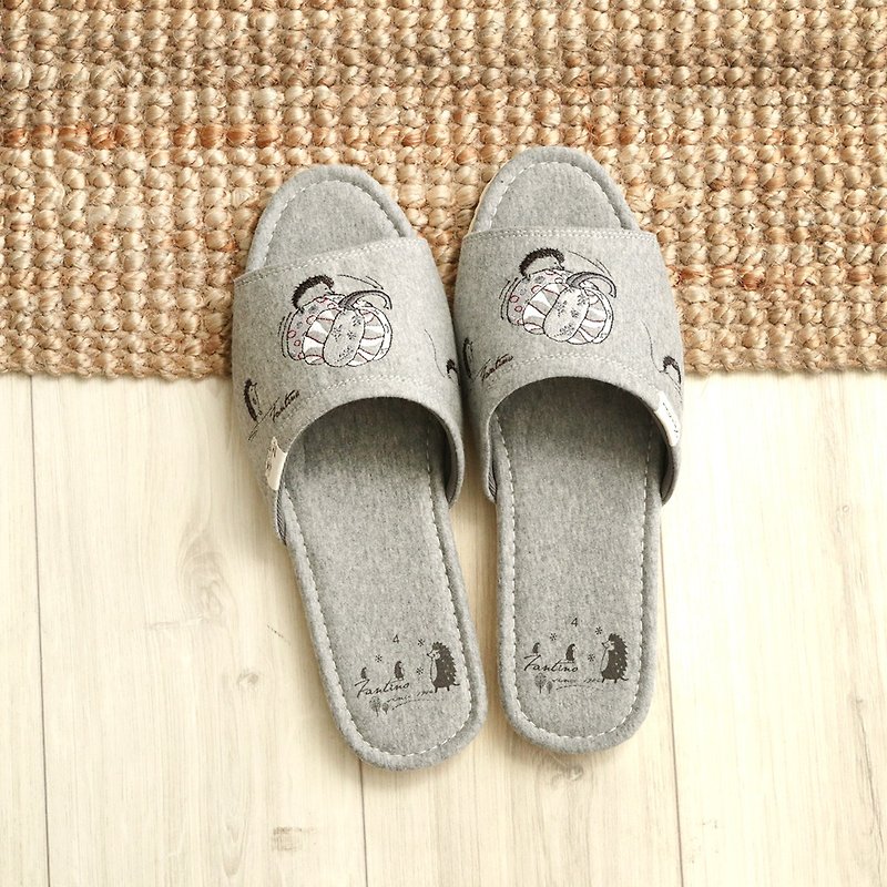 Organic cotton embroidery indoor slippers fairy pumpkin garden (grey pumpkin) - Indoor Slippers - Cotton & Hemp Gray
