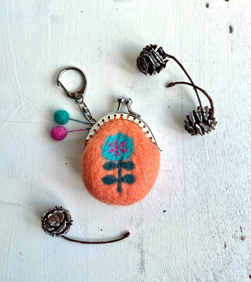 花の羊毛刺繍ミニミニがま口ーブロッサム - 零錢包/小錢包 - 羊毛 橘色