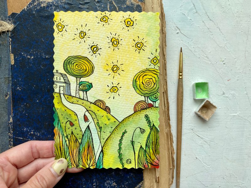 Summer painting Landscape Original art Miniature watercolor Green small artwork - 海報/掛畫/掛布 - 紙 綠色