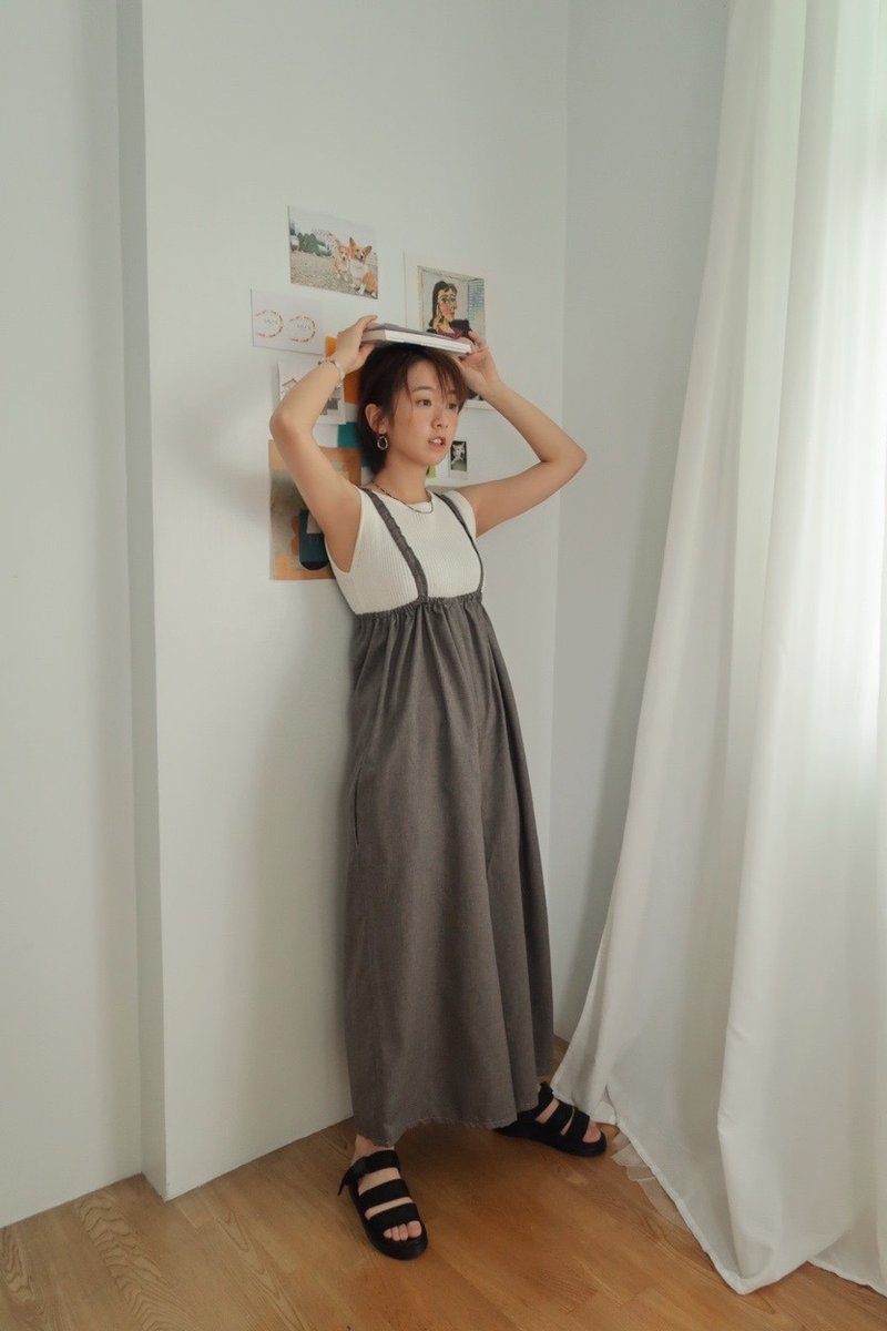 雙肩吊帶鬆緊連身寬褲 - 吊帶褲/連身褲 - 棉．麻 灰色