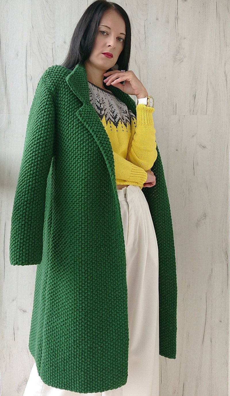 Green double breasted coat Long wool handmade jacket Loose knit sweater cardigan - สเวตเตอร์ผู้หญิง - ขนแกะ 