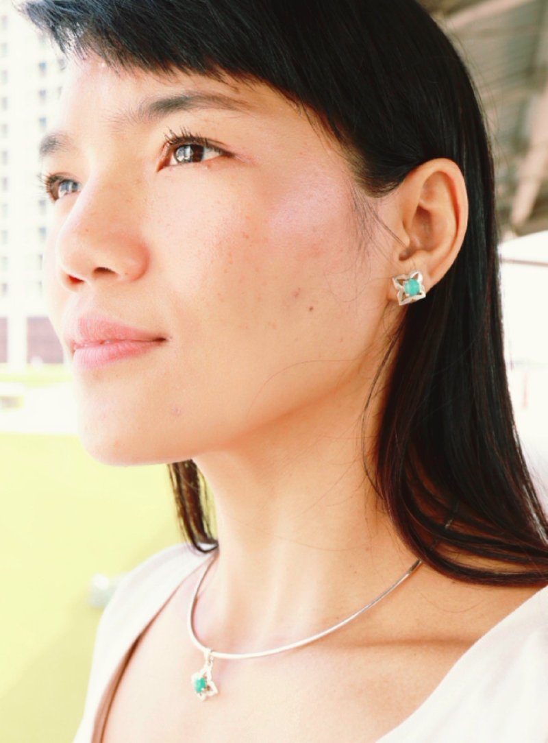 ต่างหูเงิน หิน Amazonite  อมาโซไนท์ thai minimal pattern - ต่างหู - เงินแท้ สีเงิน