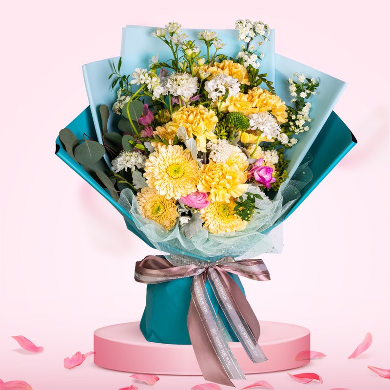Flower Bouquet (6 Carnations, 6 Sunflowers, Chrysanthemums, Small Peonies, Eucal - ตกแต่งต้นไม้ - พืช/ดอกไม้ 