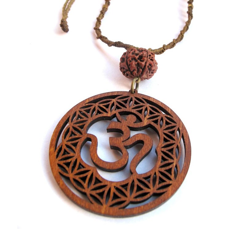 AUM Om Shanti Flower Of life Necklace 4 men - 項鍊 - 木頭 咖啡色