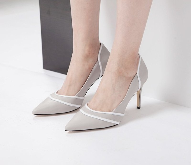 Rolling structure leather sharp pointed high heels gray - รองเท้าส้นสูง - หนังแท้ สีเทา