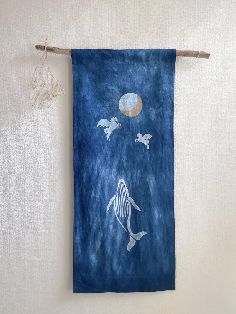 日本製JAPANBLUE Tapestry MOON Whale Pegasus 月鯨 Ocean  Aizome 藍染 Relaxed peace dream - 壁貼/牆壁裝飾 - 棉．麻 藍色