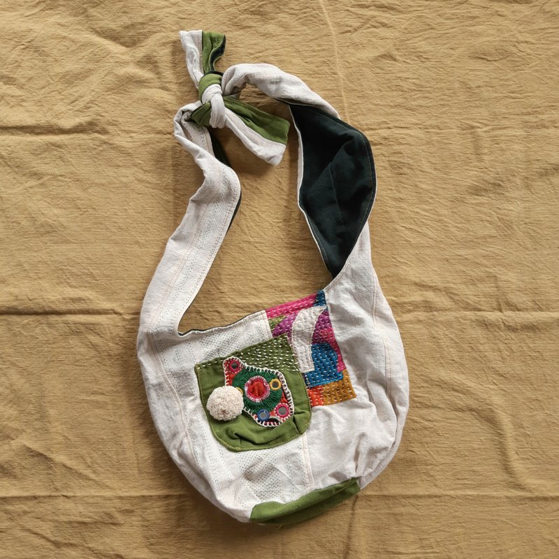大麻纖維部落刺繡拼布兩用包 - 抹茶綠 - 側背包/斜背包 - 棉．麻 綠色