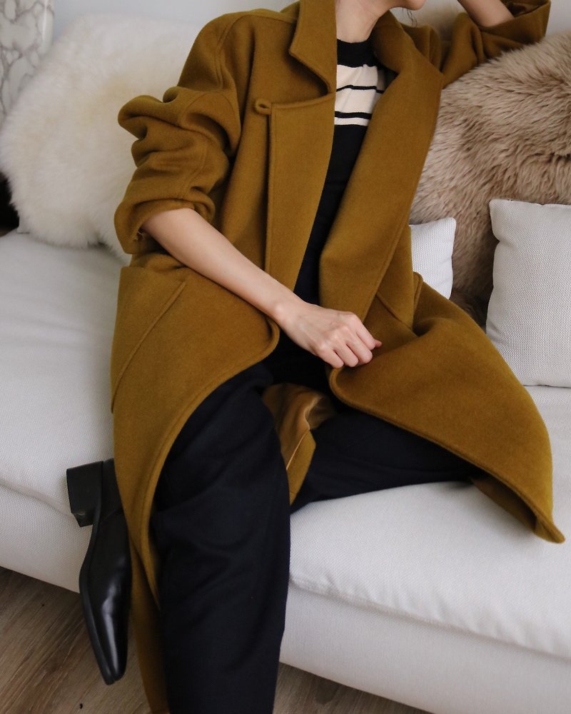 Theory Coat mustard open single button belt cashmere wool coat can be customized color - เสื้อแจ็คเก็ต - ขนแกะ 