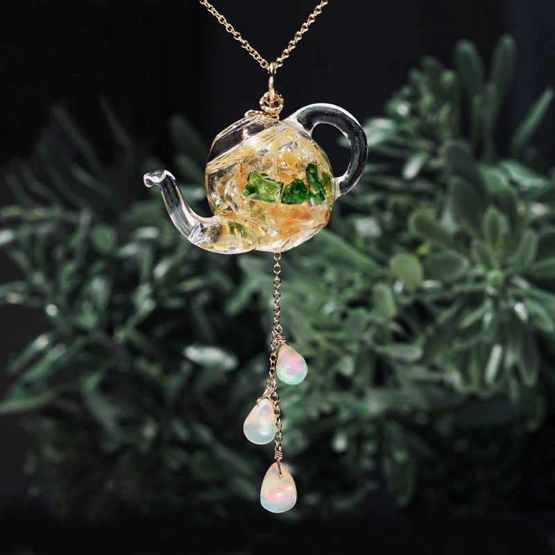 Jewel Herbal Tea Necklace with Gemstone , Citrine and Diopside - สร้อยคอ - เครื่องเพชรพลอย สีส้ม