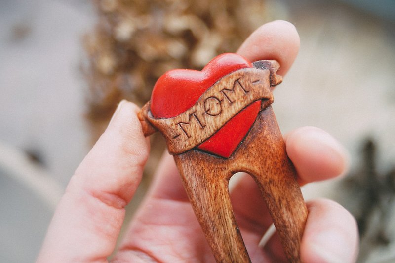 Hair pin red heart, wooden hair fork, hair clip as mothers day gift - 髮夾/髮飾 - 木頭 紅色