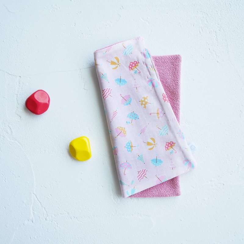 Organic Cotton Embroidered Handkerchief Towel ハンカチ-Pink Umbrella - Bibs - Cotton & Hemp Pink