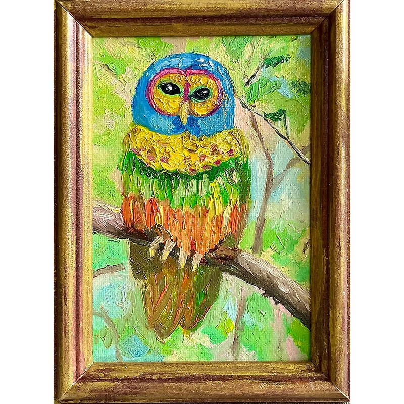 Framed Bird Painting, Small Owl Original Oil Painting, 框架中的鳥畫 - โปสเตอร์ - ผ้าฝ้าย/ผ้าลินิน 