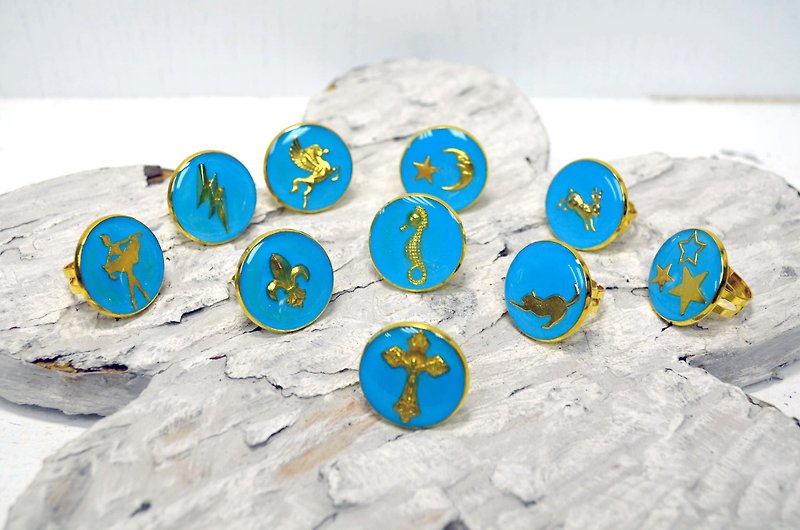 TIMBEE LO sky blue background gold pattern silhouette ring size can be adjusted - General Rings - Other Metals Blue