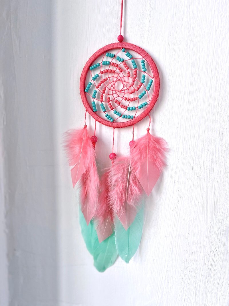 Coral And Mint Dreamcatcher Handmade Above Bed Wall Decor Boho For Bedroom - ตกแต่งผนัง - งานปัก สึชมพู