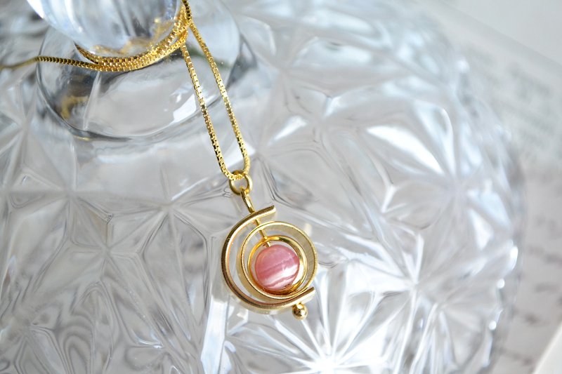 Mini Celestial Globe with 6mm Rhodochrosite 18K s925 necklace - Necklaces - Other Metals Khaki