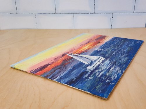 夕焼け空アート オリジナルアクリル画 ボート画 海景 セーリング