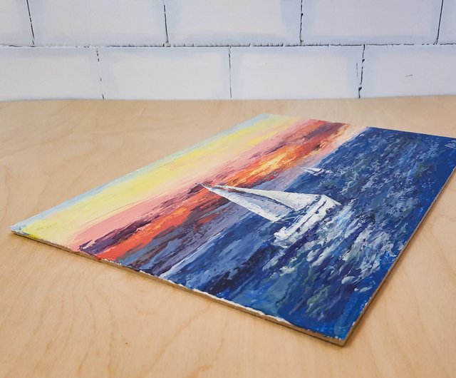 夕焼け空アート オリジナルアクリル画 ボート画 海景 セーリング