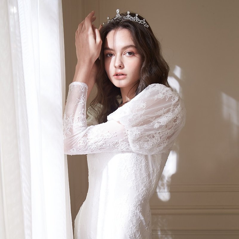 (Customized) Isabel French Palace Lace Bubble Sleeve Long Dress - ชุดราตรี - เส้นใยสังเคราะห์ ขาว